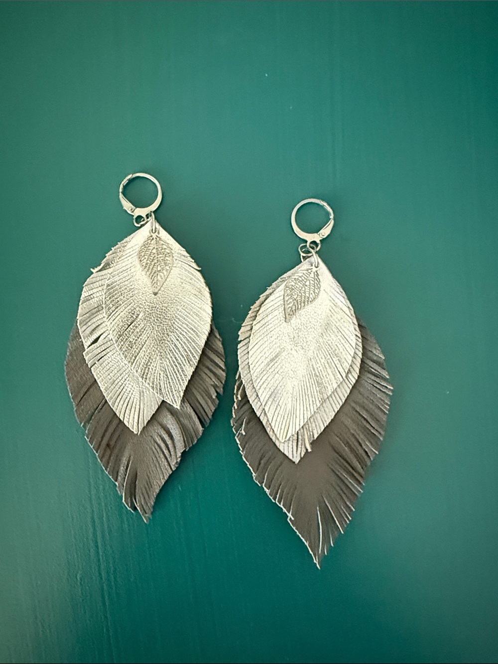 Silver and Gray Layered Leaf Drop Leather Earrings - Women Jewelry